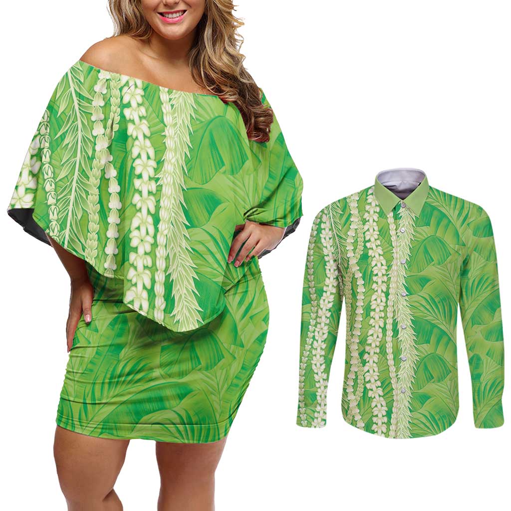 Hawaii Prince Kuhio Couples Matching Off Shoulder Short Dress and Long Sleeve Button Shirt Lime Green Hawaiian Lau Maia With Leis