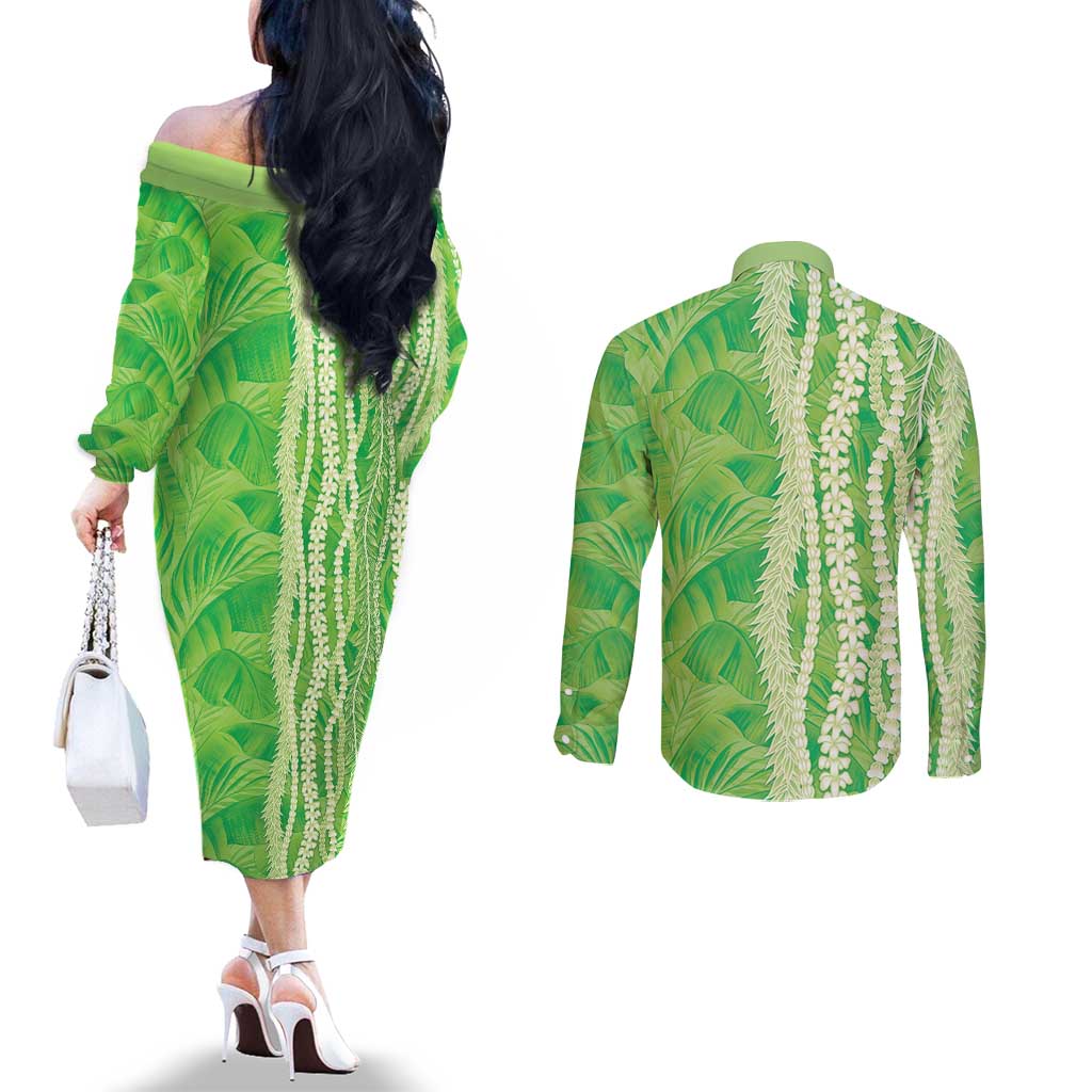 Hawaii Prince Kuhio Couples Matching Off The Shoulder Long Sleeve Dress and Long Sleeve Button Shirt Lime Green Hawaiian Lau Maia With Leis LT05 - Polynesian Pride