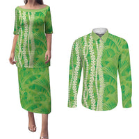 Hawaii Prince Kuhio Couples Matching Puletasi and Long Sleeve Button Shirt Lime Green Hawaiian Lau Maia With Leis