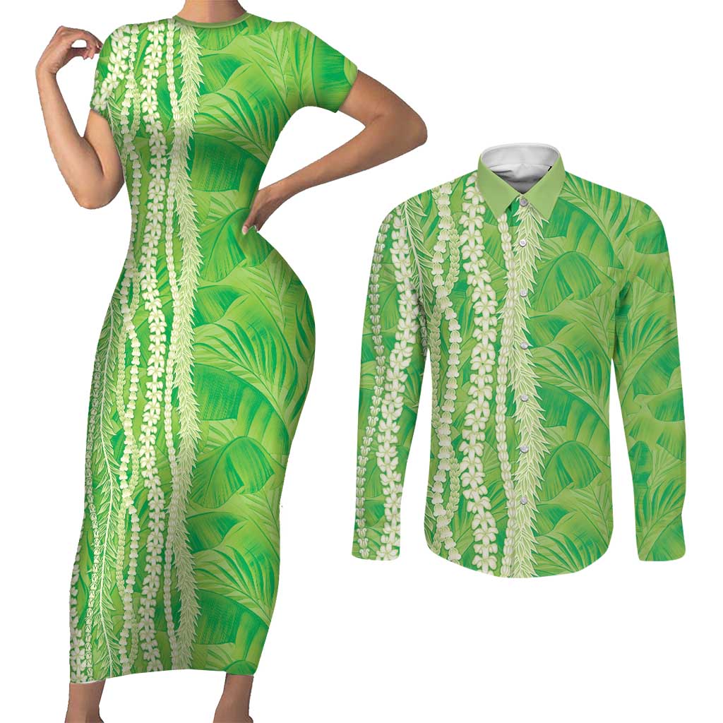 Hawaii Prince Kuhio Couples Matching Short Sleeve Bodycon Dress and Long Sleeve Button Shirt Lime Green Hawaiian Lau Maia With Leis LT05 Green - Polynesian Pride