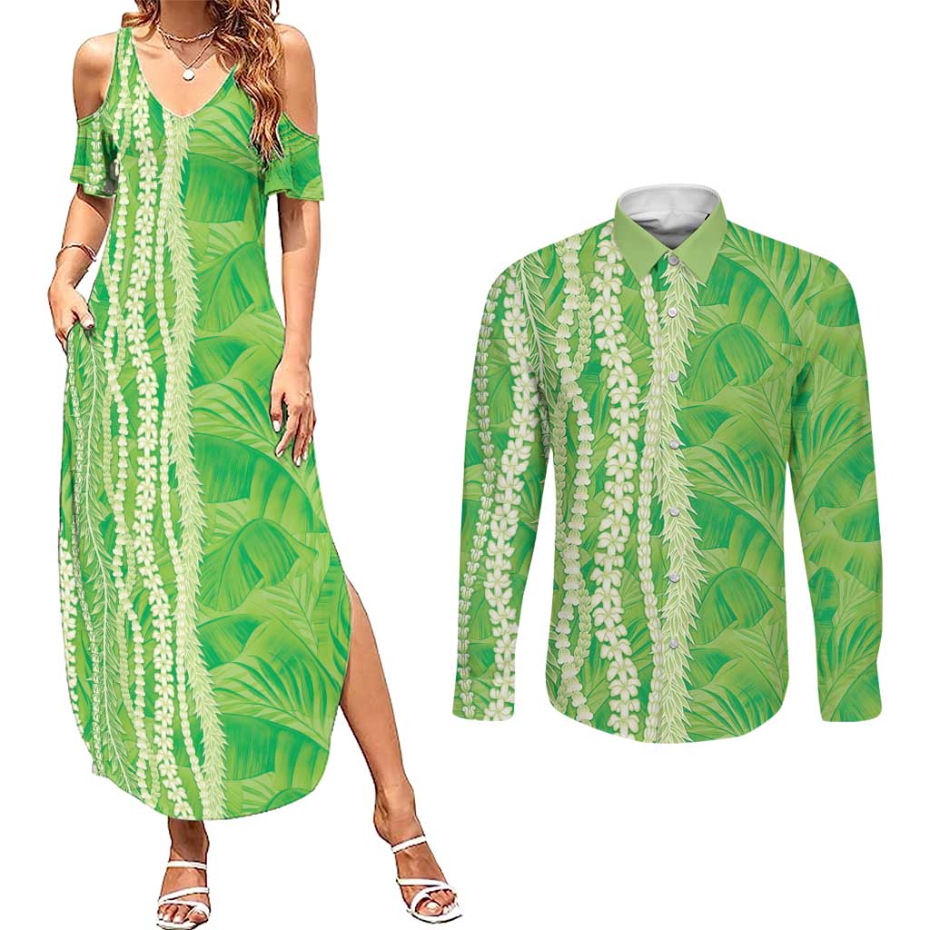 Hawaii Prince Kuhio Couples Matching Summer Maxi Dress and Long Sleeve Button Shirt Lime Green Hawaiian Lau Maia With Leis LT05 Green - Polynesian Pride