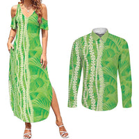 Hawaii Prince Kuhio Couples Matching Summer Maxi Dress and Long Sleeve Button Shirt Lime Green Hawaiian Lau Maia With Leis LT05 Green - Polynesian Pride