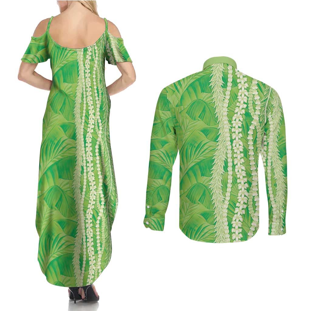 Hawaii Prince Kuhio Couples Matching Summer Maxi Dress and Long Sleeve Button Shirt Lime Green Hawaiian Lau Maia With Leis LT05 - Polynesian Pride