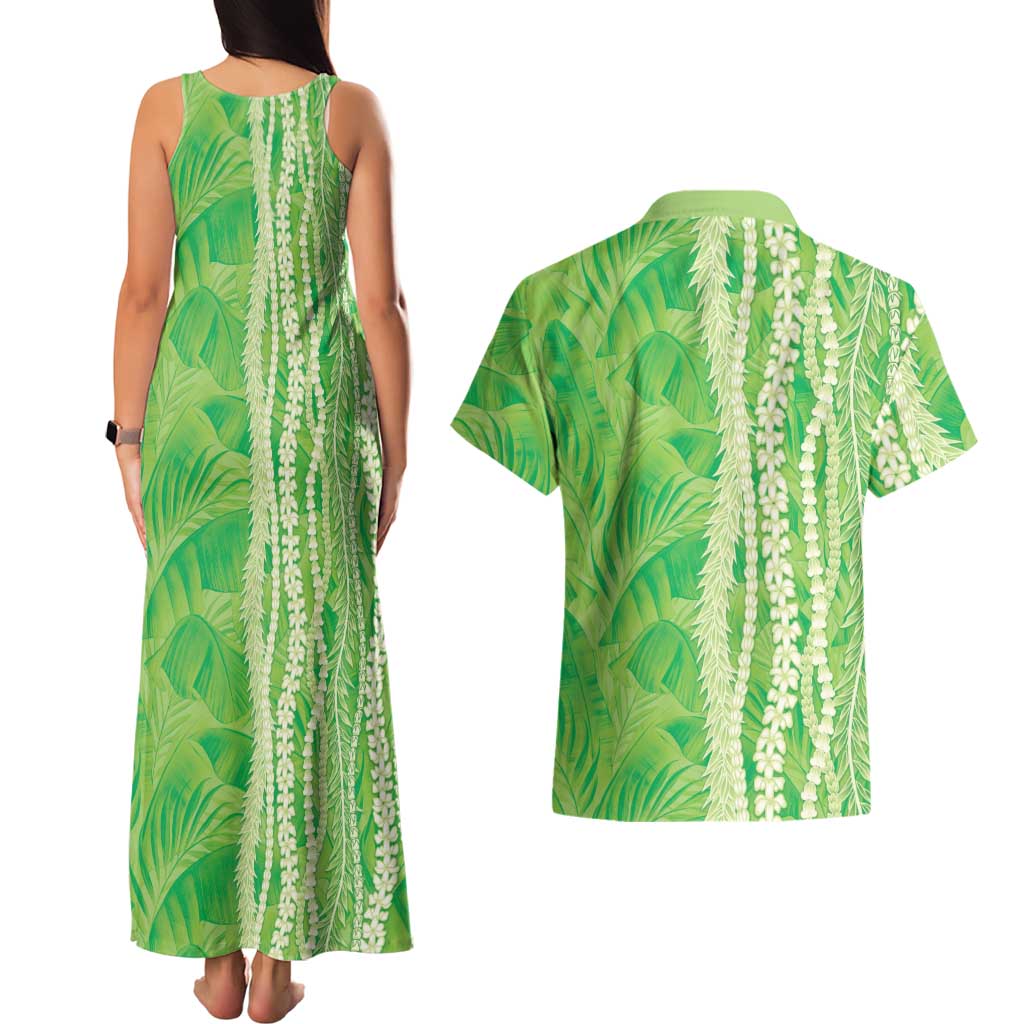 Hawaii Prince Kuhio Couples Matching Tank Maxi Dress and Hawaiian Shirt Lime Green Hawaiian Lau Maia With Leis LT05 - Polynesian Pride