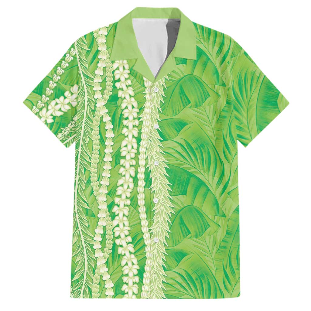Hawaii Prince Kuhio Family Matching Off The Shoulder Long Sleeve Dress and Hawaiian Shirt Lime Green Hawaiian Lau Maia With Leis LT05 Dad's Shirt - Short Sleeve Green - Polynesian Pride