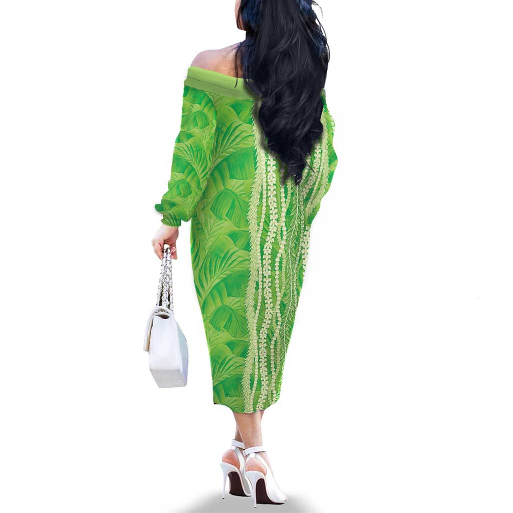 Hawaii Prince Kuhio Family Matching Off The Shoulder Long Sleeve Dress and Hawaiian Shirt Lime Green Hawaiian Lau Maia With Leis LT05 - Polynesian Pride