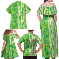 Hawaii Prince Kuhio Family Matching Off Shoulder Maxi Dress and Hawaiian Shirt Lime Green Hawaiian Lau Maia With Leis LT05 - Polynesian Pride