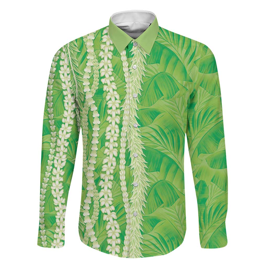 Hawaii Prince Kuhio Family Matching Off Shoulder Maxi Dress and Hawaiian Shirt Lime Green Hawaiian Lau Maia With Leis LT05 Dad's Shirt - Long Sleeve Green - Polynesian Pride