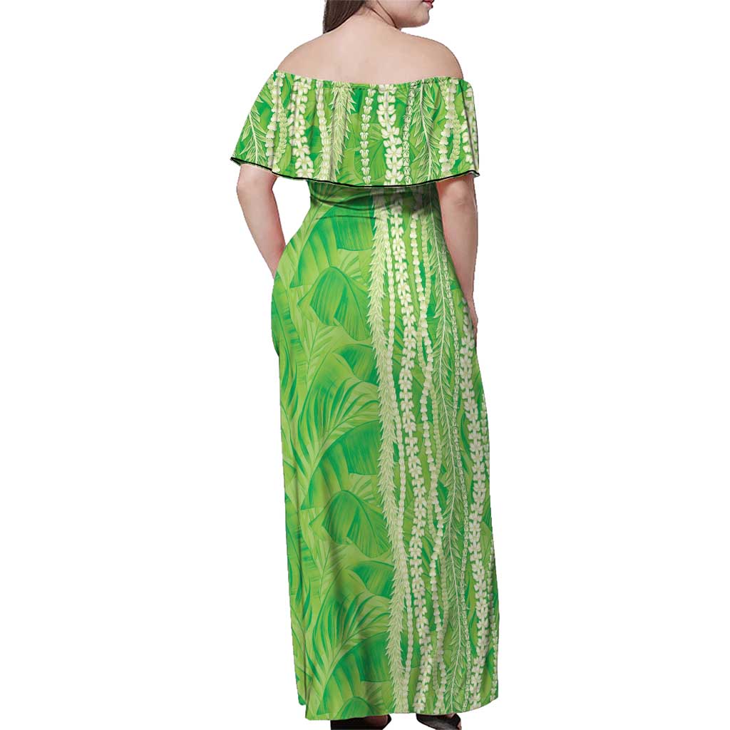 Hawaii Prince Kuhio Family Matching Off Shoulder Maxi Dress and Hawaiian Shirt Lime Green Hawaiian Lau Maia With Leis LT05 - Polynesian Pride
