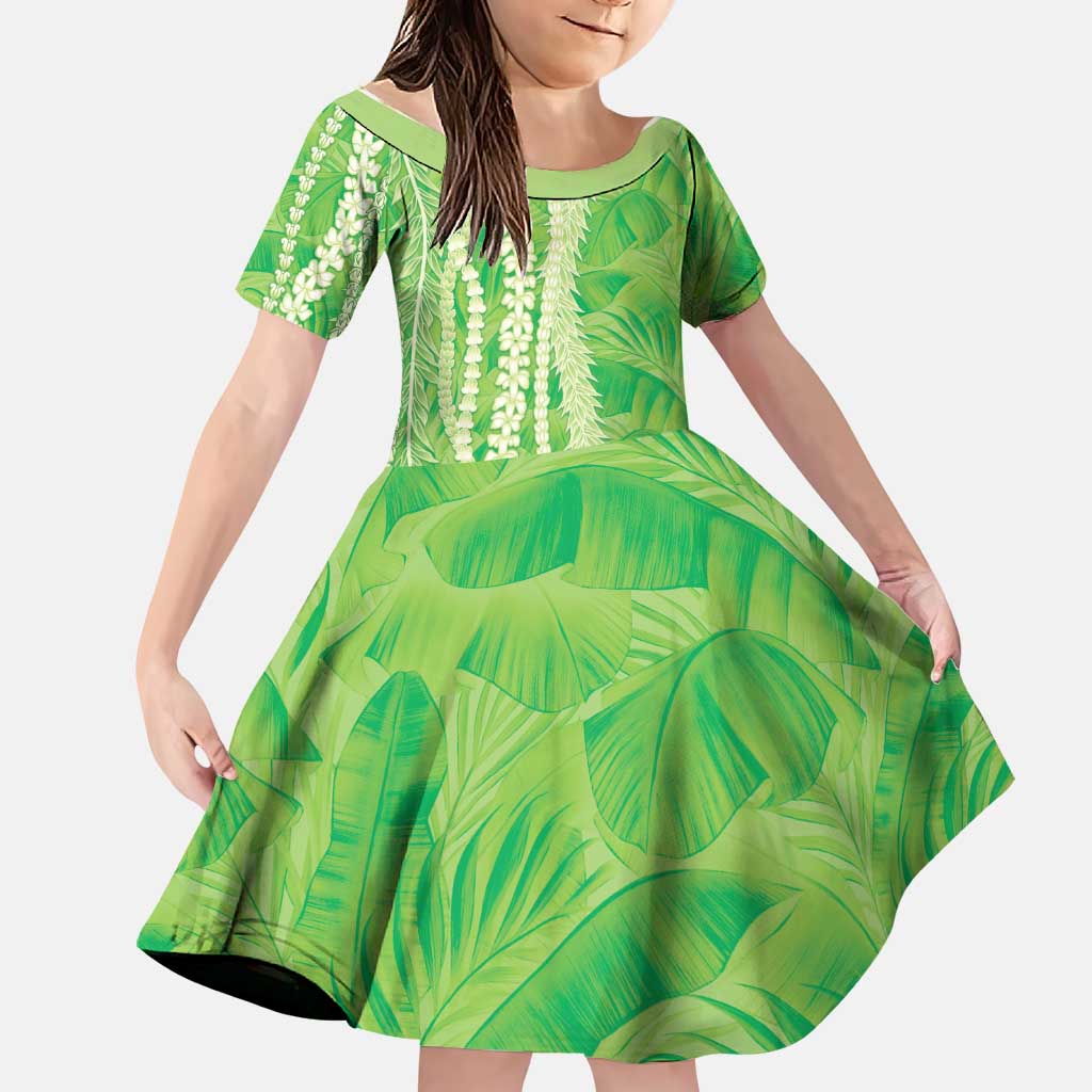 Hawaii Prince Kuhio Family Matching Off Shoulder Short Dress and Hawaiian Shirt Lime Green Hawaiian Lau Maia With Leis LT05 Daughter's Dress Green - Polynesian Pride