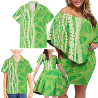 Hawaii Prince Kuhio Family Matching Off Shoulder Short Dress and Hawaiian Shirt Lime Green Hawaiian Lau Maia With Leis LT05 - Polynesian Pride