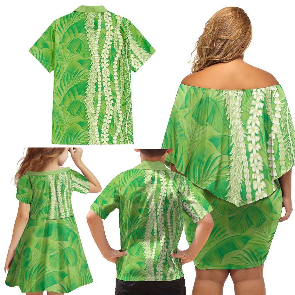 Hawaii Prince Kuhio Family Matching Off Shoulder Short Dress and Hawaiian Shirt Lime Green Hawaiian Lau Maia With Leis LT05 - Polynesian Pride