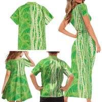 Hawaii Prince Kuhio Family Matching Short Sleeve Bodycon Dress and Hawaiian Shirt Lime Green Hawaiian Lau Maia With Leis LT05 - Polynesian Pride