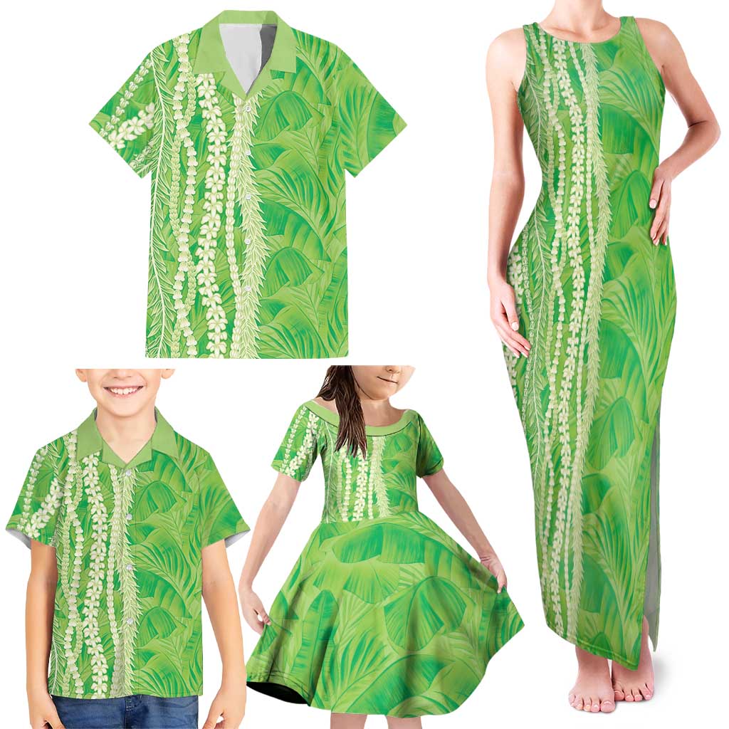 Hawaii Prince Kuhio Family Matching Tank Maxi Dress and Hawaiian Shirt Lime Green Hawaiian Lau Maia With Leis
