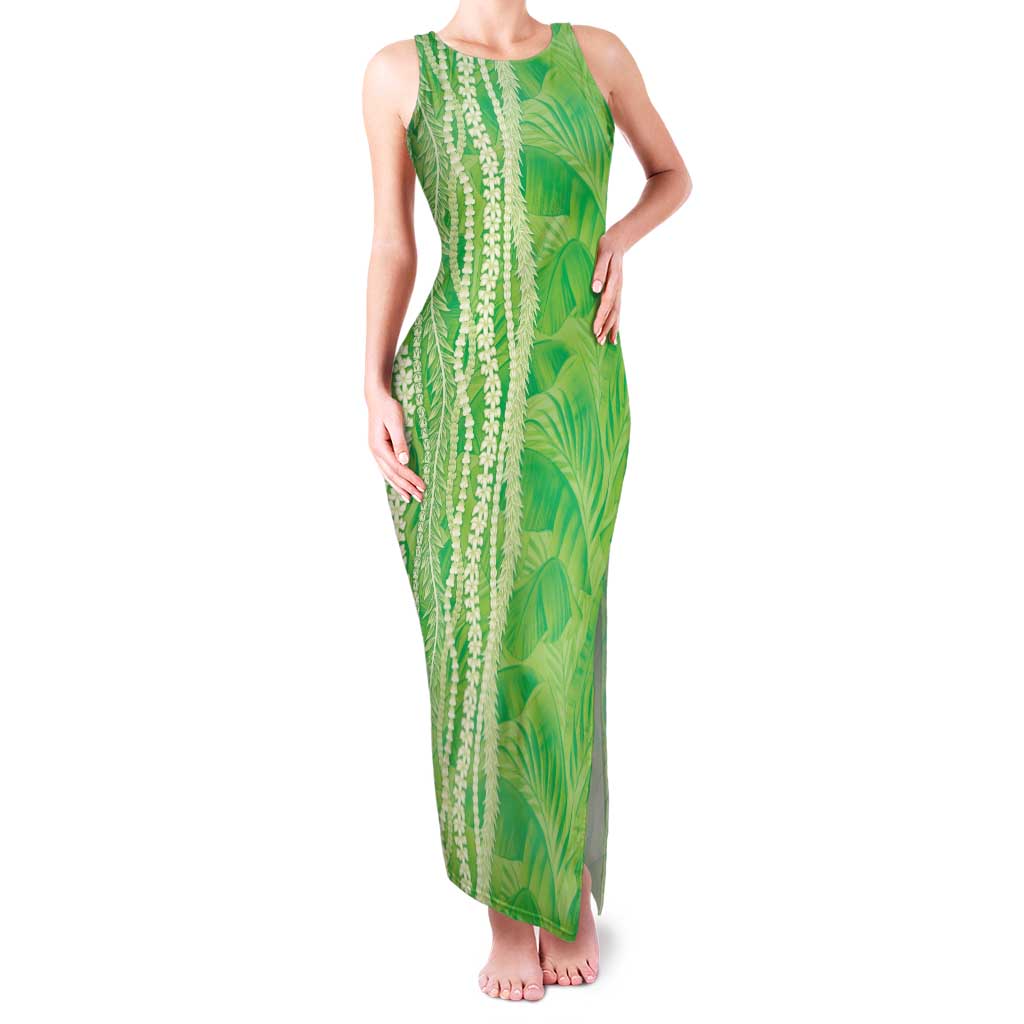 Hawaii Prince Kuhio Family Matching Tank Maxi Dress and Hawaiian Shirt Lime Green Hawaiian Lau Maia With Leis LT05 Mom's Dress Green - Polynesian Pride
