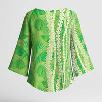 Hawaii Prince Kuhio Kimono Sleeve Blouse Lime Green Hawaiian Lau Maia With Leis