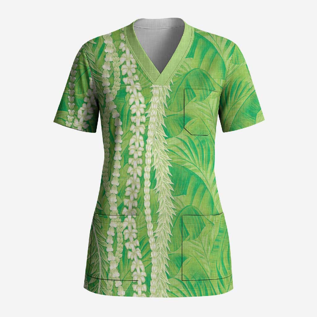 Hawaii Prince Kuhio Scrub Top Lime Green Hawaiian Lau Maia With Leis