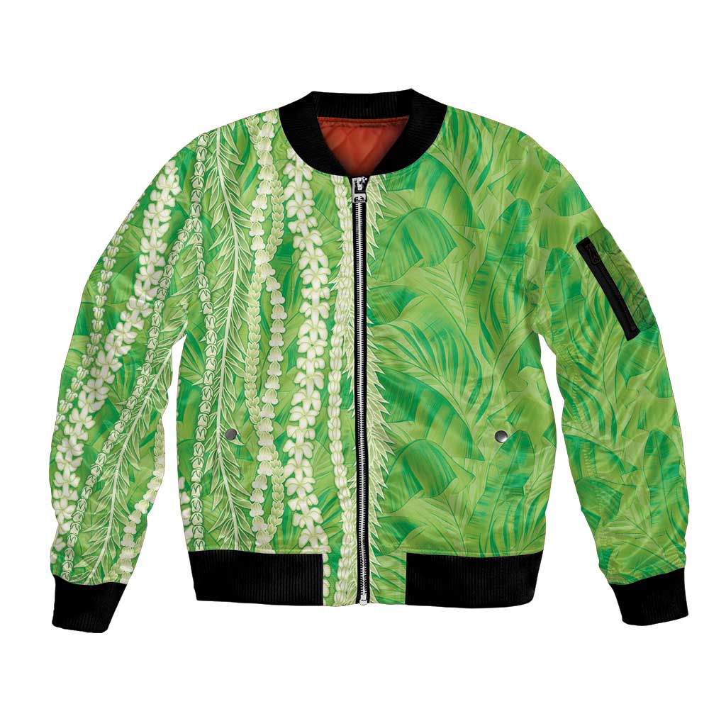 Hawaii Prince Kuhio Sleeve Zip Bomber Jacket Lime Green Hawaiian Lau Maia With Leis