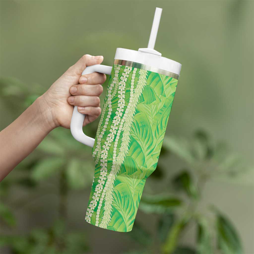 Hawaii Prince Kuhio Tumbler With Handle Lime Green Hawaiian Lau Maia With Leis