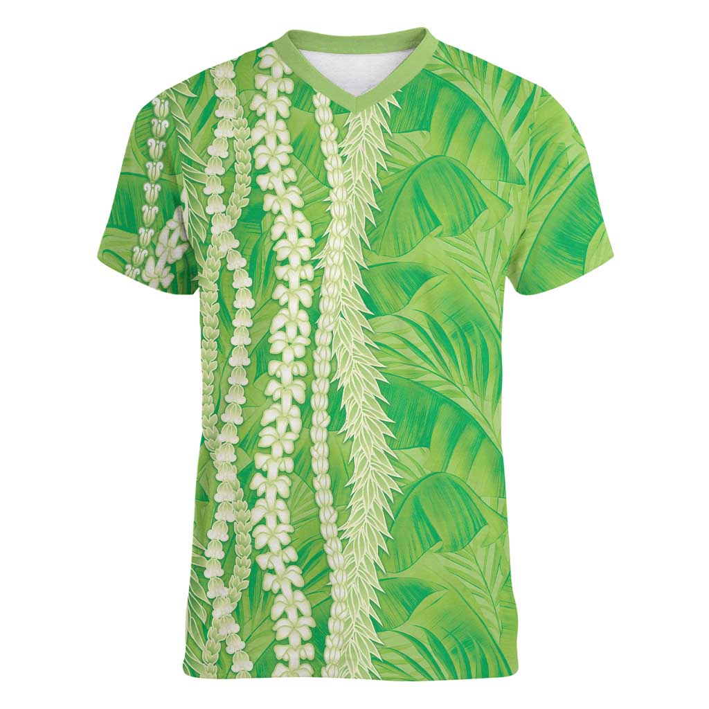 Hawaii Prince Kuhio Women V-Neck T-Shirt Lime Green Hawaiian Lau Maia With Leis