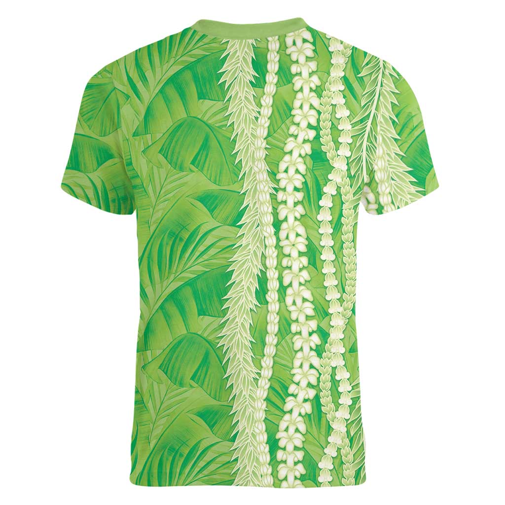 Hawaii Prince Kuhio Women V-Neck T-Shirt Lime Green Hawaiian Lau Maia With Leis