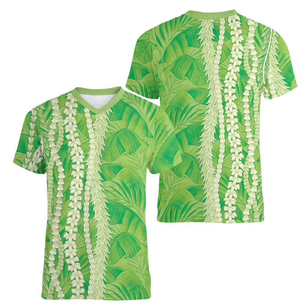 Hawaii Prince Kuhio Women V-Neck T-Shirt Lime Green Hawaiian Lau Maia With Leis