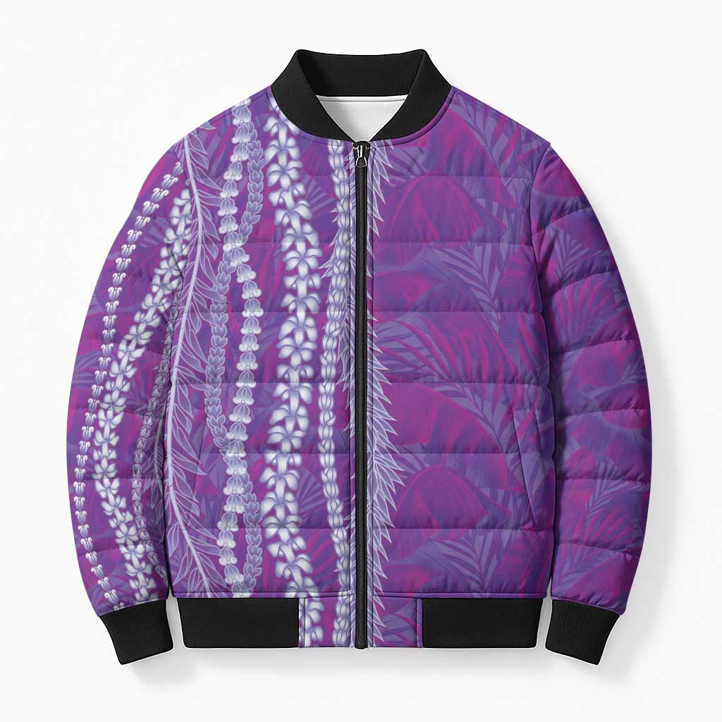 Hawaii Prince Kuhio Bomber Puffer Jacket Violet Hawaiian Lau Maia With Leis