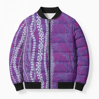 Hawaii Prince Kuhio Bomber Puffer Jacket Violet Hawaiian Lau Maia With Leis