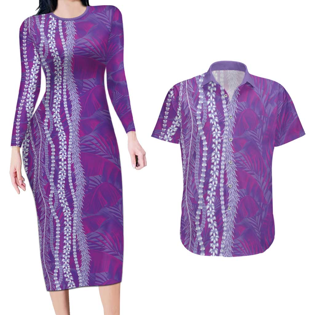 Hawaii Prince Kuhio Couples Matching Long Sleeve Bodycon Dress and Hawaiian Shirt Violet Hawaiian Lau Maia With Leis LT05 Violet - Polynesian Pride