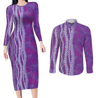 Hawaii Prince Kuhio Couples Matching Long Sleeve Bodycon Dress and Long Sleeve Button Shirt Violet Hawaiian Lau Maia With Leis LT05 Violet - Polynesian Pride