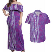 Hawaii Prince Kuhio Couples Matching Off Shoulder Maxi Dress and Hawaiian Shirt Violet Hawaiian Lau Maia With Leis LT05 Violet - Polynesian Pride