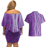Hawaii Prince Kuhio Couples Matching Off Shoulder Short Dress and Hawaiian Shirt Violet Hawaiian Lau Maia With Leis LT05 - Polynesian Pride
