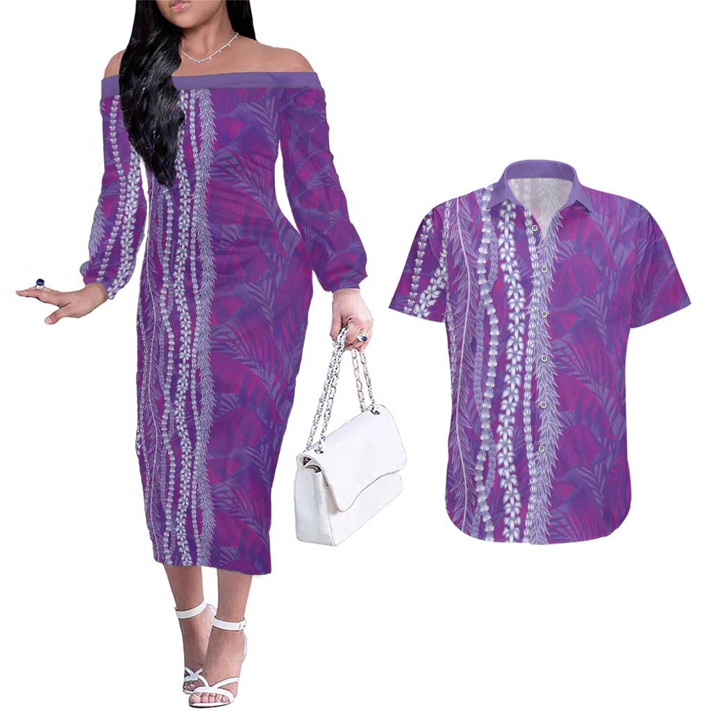 Hawaii Prince Kuhio Couples Matching Off The Shoulder Long Sleeve Dress and Hawaiian Shirt Violet Hawaiian Lau Maia With Leis