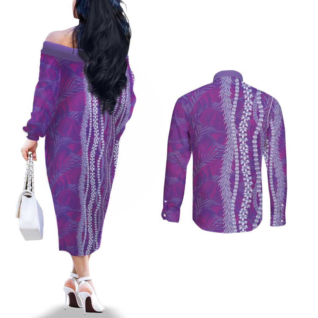 Hawaii Prince Kuhio Couples Matching Off The Shoulder Long Sleeve Dress and Long Sleeve Button Shirt Violet Hawaiian Lau Maia With Leis LT05 - Polynesian Pride