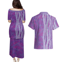 Hawaii Prince Kuhio Couples Matching Puletasi and Hawaiian Shirt Violet Hawaiian Lau Maia With Leis