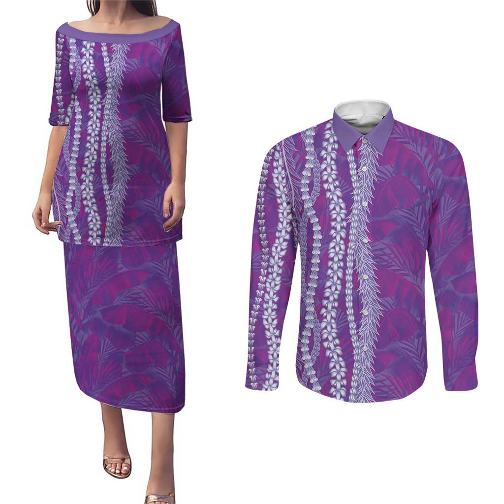 Hawaii Prince Kuhio Couples Matching Puletasi and Long Sleeve Button Shirt Violet Hawaiian Lau Maia With Leis