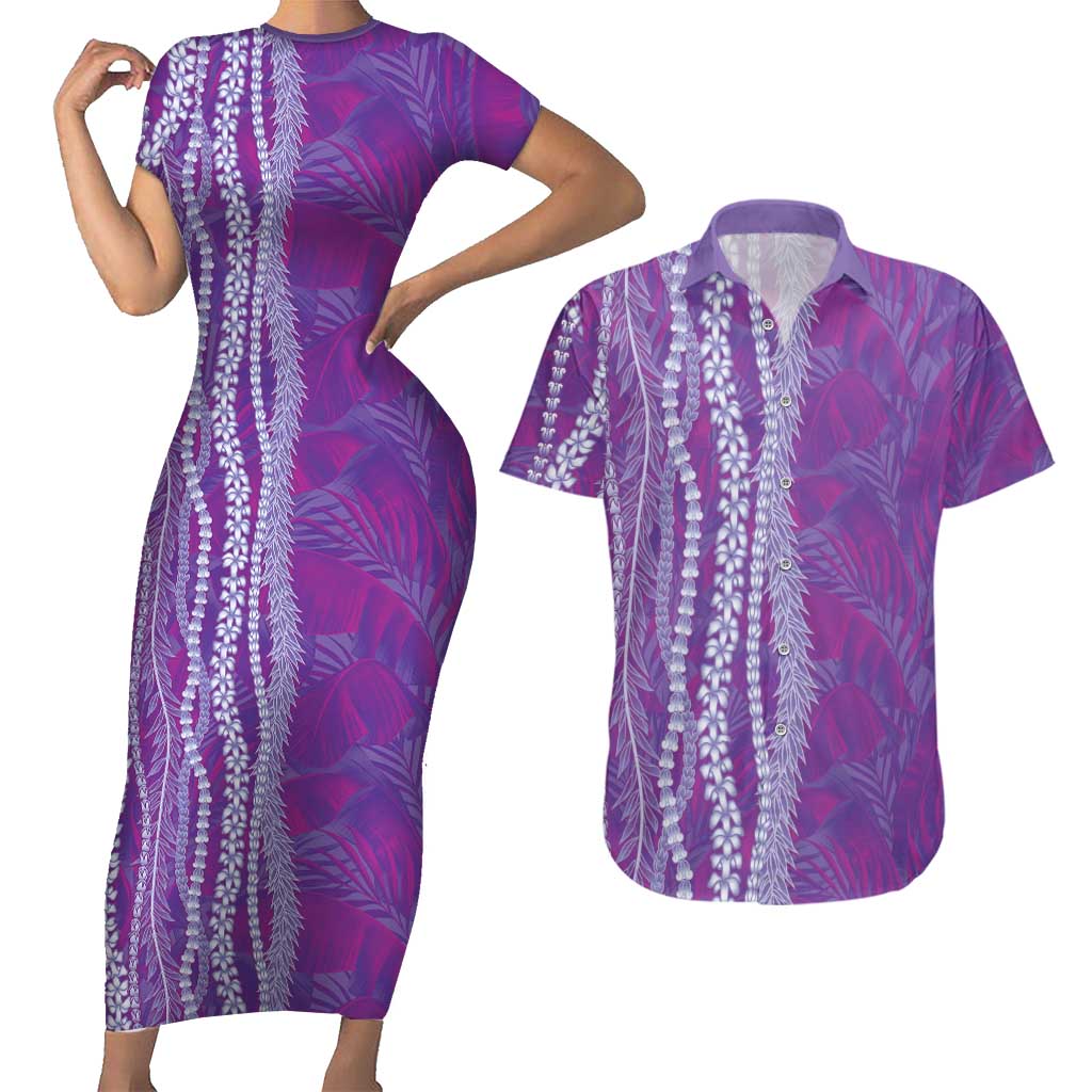 Hawaii Prince Kuhio Couples Matching Short Sleeve Bodycon Dress and Hawaiian Shirt Violet Hawaiian Lau Maia With Leis LT05 Violet - Polynesian Pride