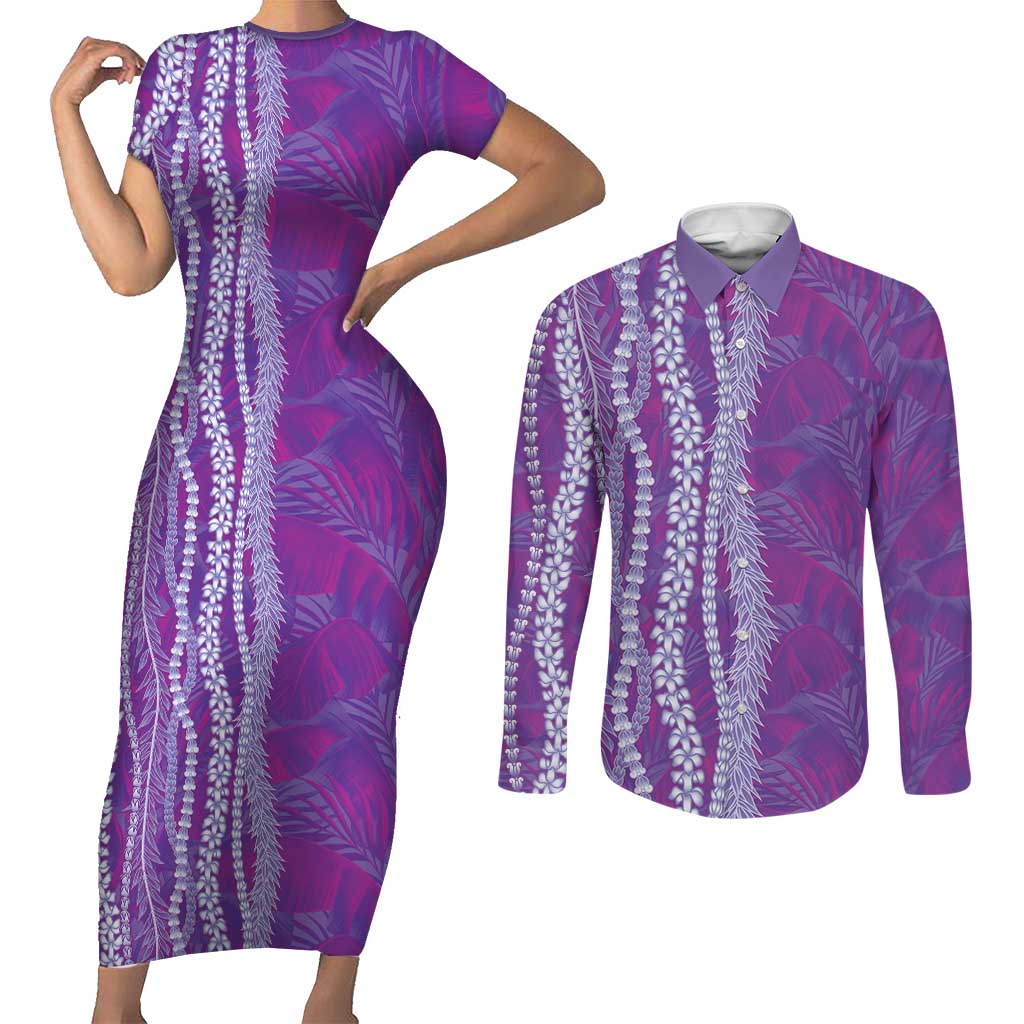 Hawaii Prince Kuhio Couples Matching Short Sleeve Bodycon Dress and Long Sleeve Button Shirt Violet Hawaiian Lau Maia With Leis LT05 Violet - Polynesian Pride