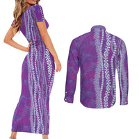 Hawaii Prince Kuhio Couples Matching Short Sleeve Bodycon Dress and Long Sleeve Button Shirt Violet Hawaiian Lau Maia With Leis LT05 - Polynesian Pride