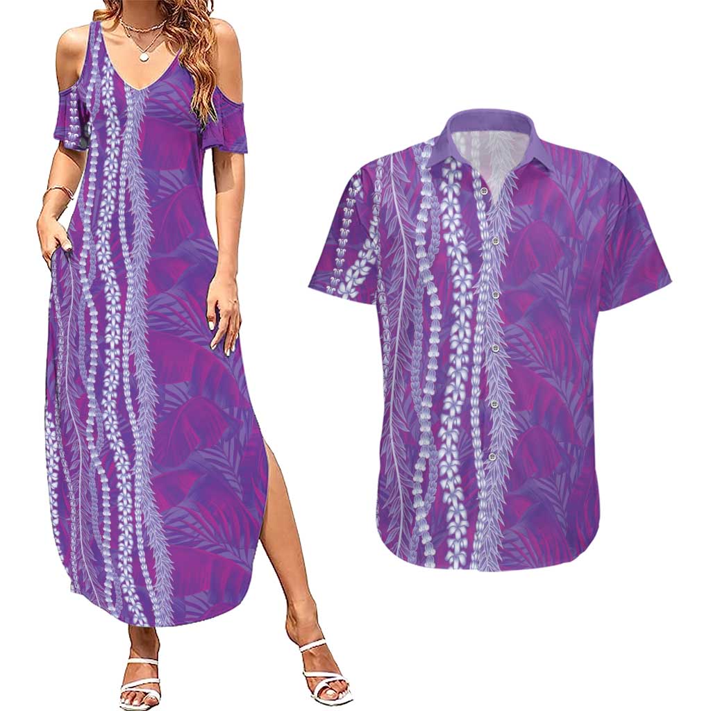 Hawaii Prince Kuhio Couples Matching Summer Maxi Dress and Hawaiian Shirt Violet Hawaiian Lau Maia With Leis LT05 Violet - Polynesian Pride