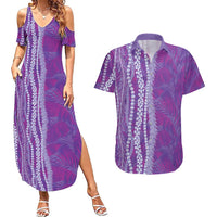 Hawaii Prince Kuhio Couples Matching Summer Maxi Dress and Hawaiian Shirt Violet Hawaiian Lau Maia With Leis LT05 Violet - Polynesian Pride