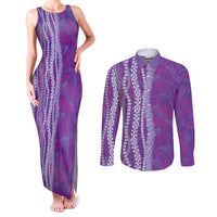 Hawaii Prince Kuhio Couples Matching Tank Maxi Dress and Long Sleeve Button Shirt Violet Hawaiian Lau Maia With Leis