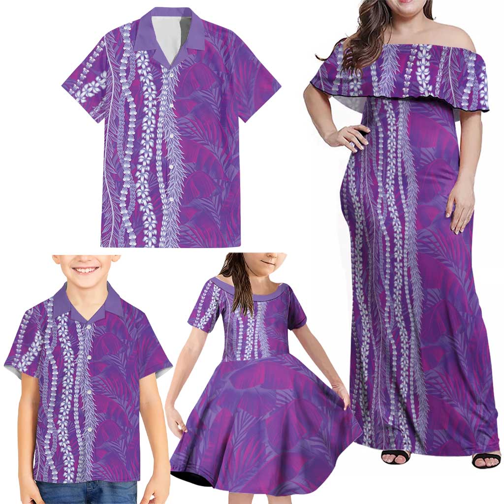 Hawaii Prince Kuhio Family Matching Off Shoulder Maxi Dress and Hawaiian Shirt Violet Hawaiian Lau Maia With Leis