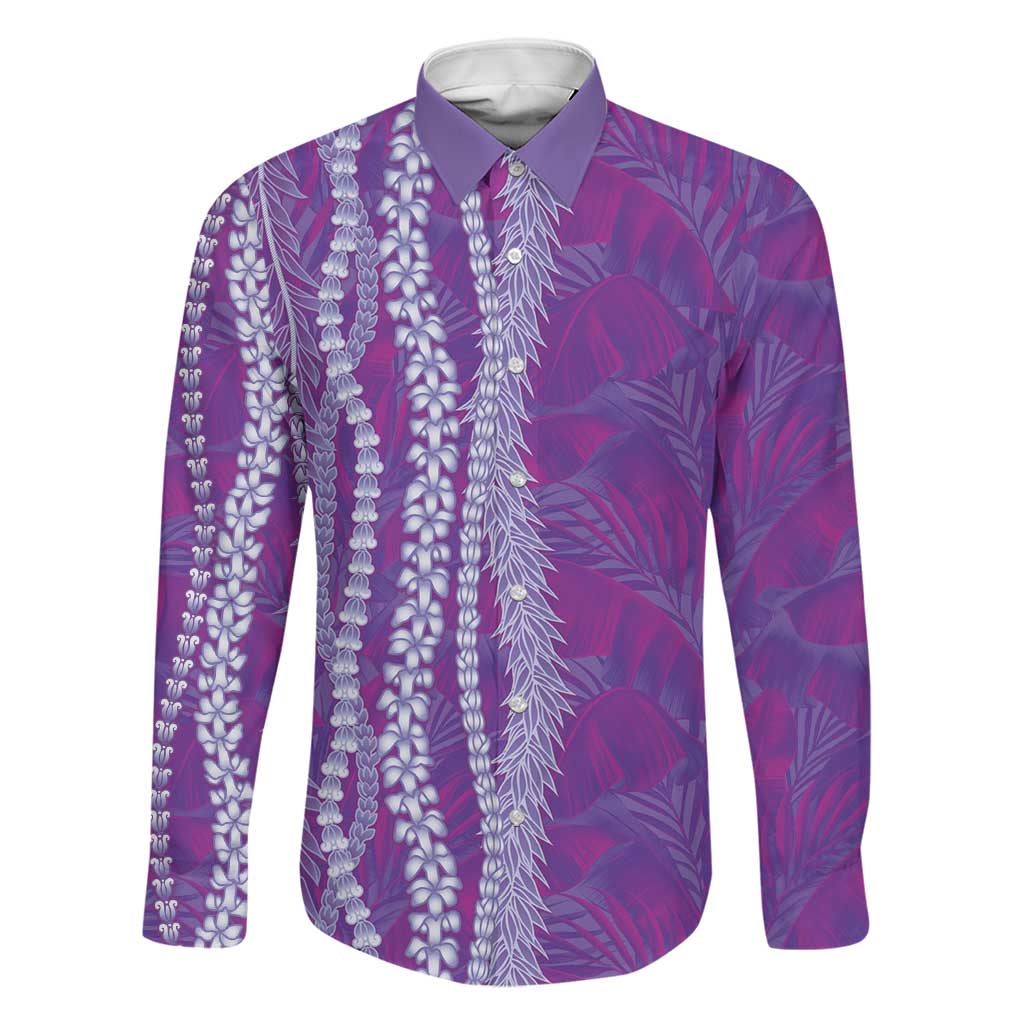 Hawaii Prince Kuhio Family Matching Puletasi and Hawaiian Shirt Violet Hawaiian Lau Maia With Leis LT05 Dad's Shirt - Long Sleeve Violet - Polynesian Pride
