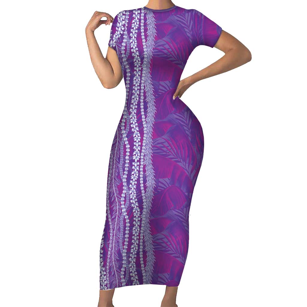 Hawaii Prince Kuhio Family Matching Short Sleeve Bodycon Dress and Hawaiian Shirt Violet Hawaiian Lau Maia With Leis LT05 Mom's Dress Violet - Polynesian Pride