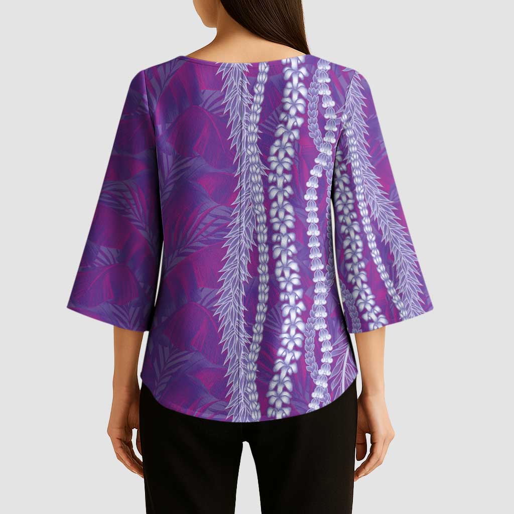 Hawaii Prince Kuhio Kimono Sleeve Blouse Violet Hawaiian Lau Maia With Leis