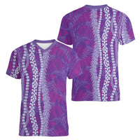 Hawaii Prince Kuhio Women V-Neck T-Shirt Violet Hawaiian Lau Maia With Leis