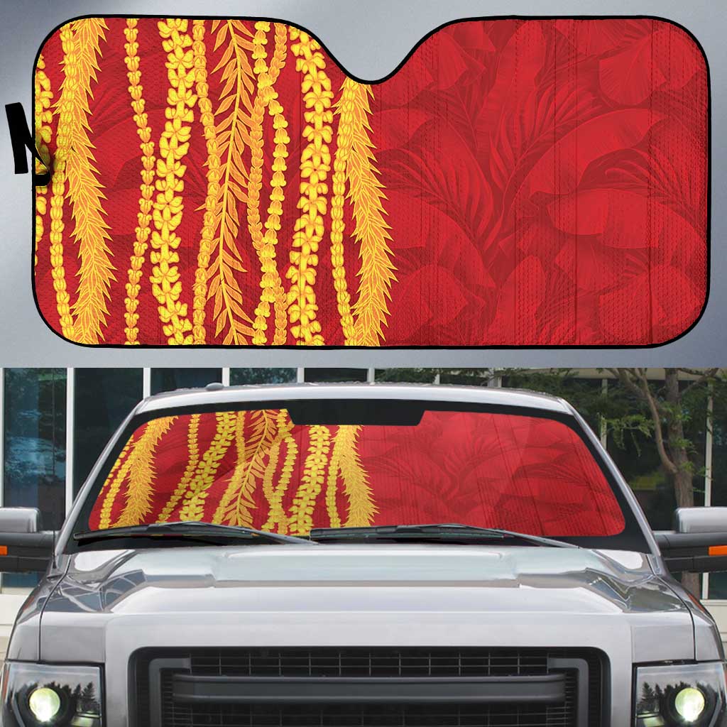 Hawaii Prince Kuhio Auto Sun Shade Red Hawaiian Lau Maia With Leis