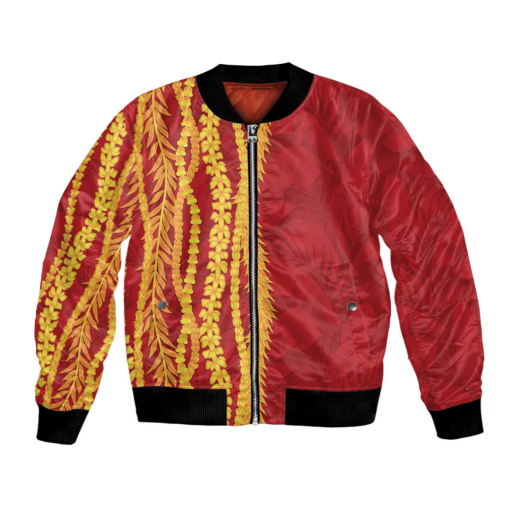 Hawaii Prince Kuhio Bomber Jacket Red Hawaiian Lau Maia With Leis