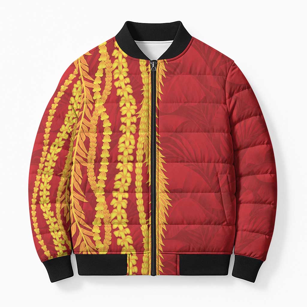 Hawaii Prince Kuhio Bomber Puffer Jacket Red Hawaiian Lau Maia With Leis